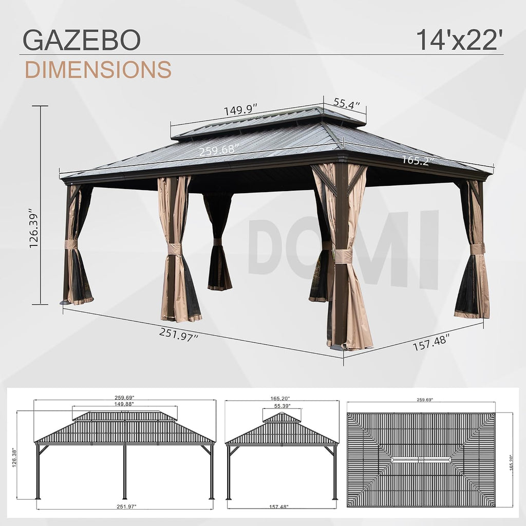 Domi 14' X 22' Hardtop Gazebo, Upgraded Metal Gazebo with Drainage System, Dual-Layer Galvanized Steel Roof, Curtain and Netting, Outdoor Shelter Canopy for Patio, Garden, and Backyard, Brown