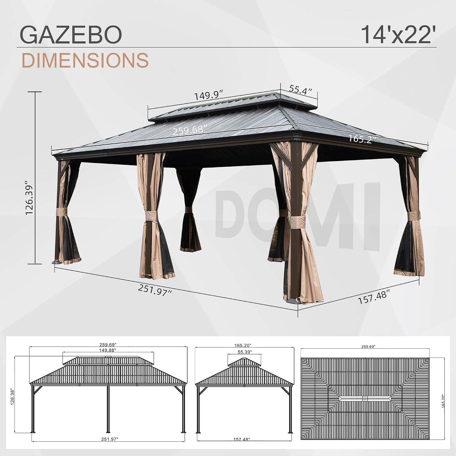 Domi 14' X 22' Hardtop Gazebo, Upgraded Metal Gazebo with Drainage System, Dual-Layer Galvanized Steel Roof, Curtain and Netting, Outdoor Shelter Canopy for Patio, Garden, and Backyard, Brown