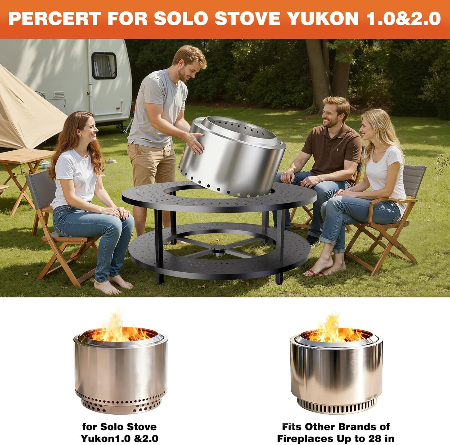 Fire Pit Surround Tabletop for Solo Stove Yukon 1.0 & 2.0, 48' Fire Pit Surround Tabletop with Wood Storage Shelf, Powder-Coated Steel Surround Tabletop with Extra Space with Raised Stand