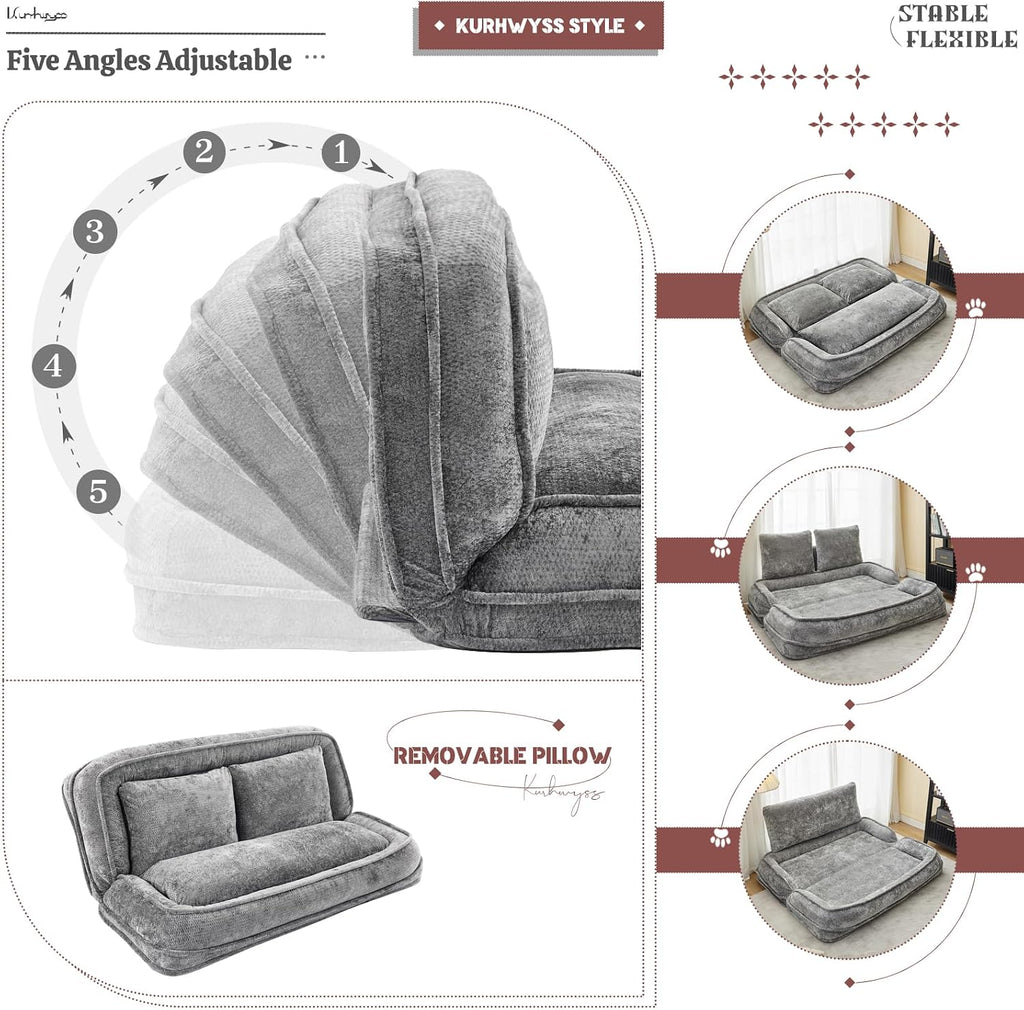 Extra Large Human Dog Bed for Adult & Pets, Convertible Floor Sofa Bed with 5 Adjustable Position, Lazy Couch Giant Bean Bag Lounge Chair Comfy Tatami with 3 Pillows for Bedroom Living Room (Grey)