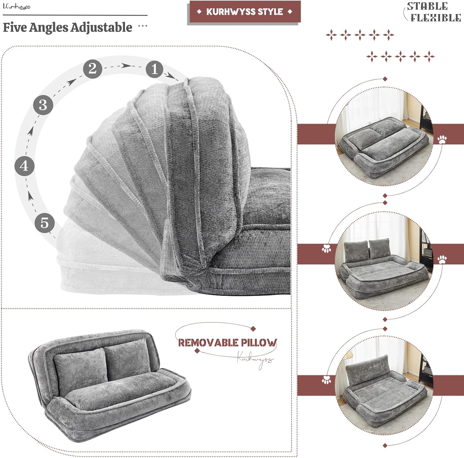 Extra Large Human Dog Bed for Adult & Pets, Convertible Floor Sofa Bed with 5 Adjustable Position, Lazy Couch Giant Bean Bag Lounge Chair Comfy Tatami with 3 Pillows for Bedroom Living Room (Grey)