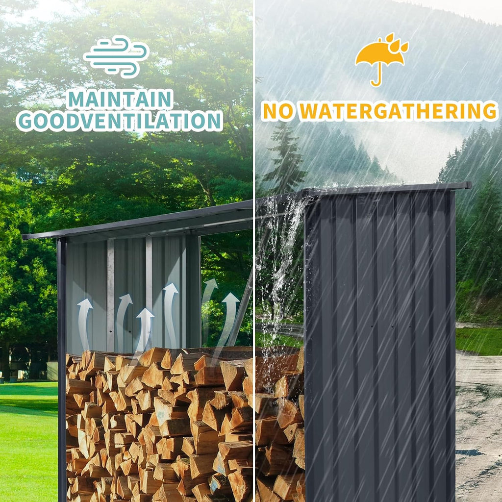 7.1 * 2.5FT Large Outdoor Steel Firewood Rack with Sloped Roof, Heavy Metal Wood Storage Shed for Logs, Pellets & Lumber