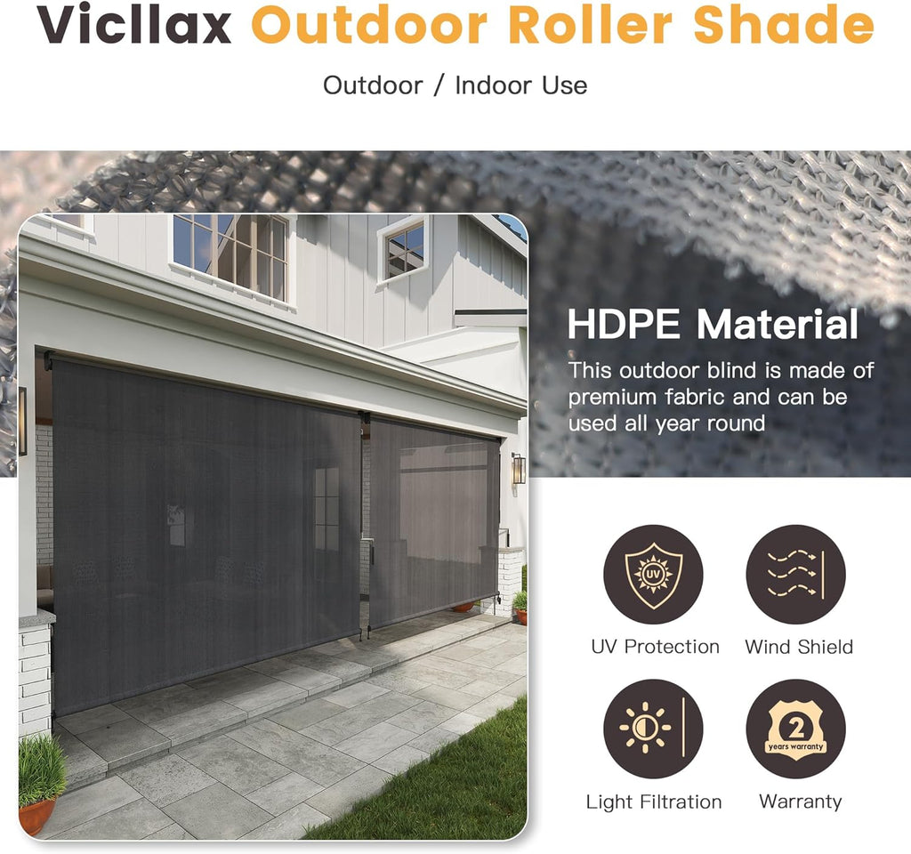 VICLLAX Outdoor Roller Shade Fabric for Porch Gazebo, Patio Cordless Blinds Roll Up Shade (9' W X 8' L), Anthracite Grey