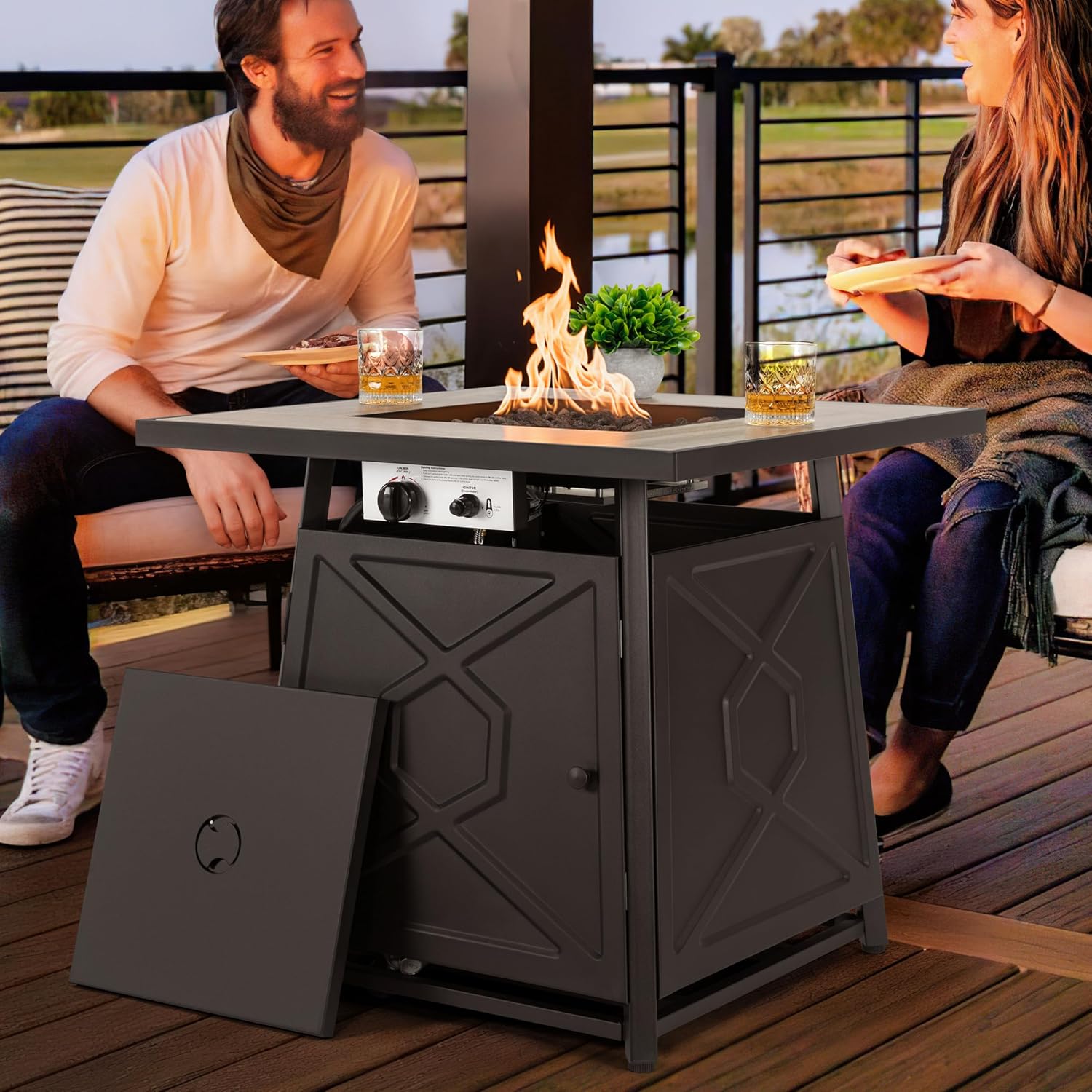 Nuu Garden 28 Inch Outdoor Propane Fire Pit Table, 50,000 BTU Square Gas Fire Table with Ceramic Tabletop, Lid, Cover, Lava Rock for Garden Backyard Party, Black