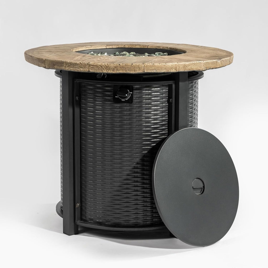 30'' Concrete Round Gas Fire Pit, 50,000 BTU Steel Outdoor Fire Tables, Fire Table with Lid, Add Warmth & Ambience to Gatherings and Parties On Patio Deck Garden Backyard.
