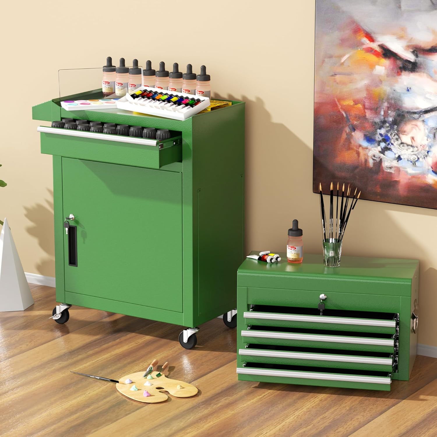 INTERGREAT Rolling Tool Chest, 5-Drawer Tool Box Organizer, Lockable Wheels & Sliding Drawers & Detachable Top, Tool Storage Cabinet for Garage Workshop (Green)