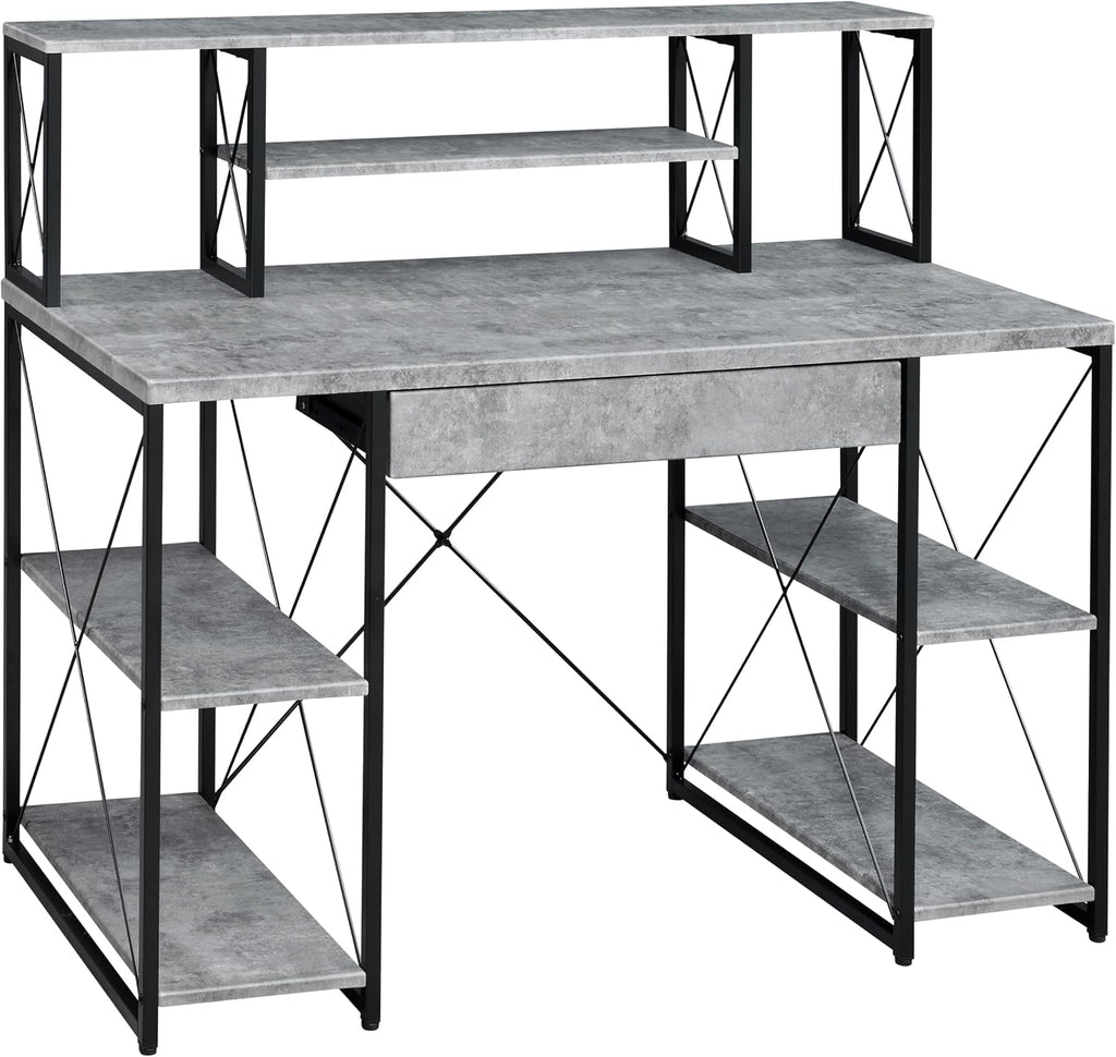 Modern Computer Desk with Hutch and Open Shelves, Foldable Adjustable Portable Gaming Study Desk Table with Wheels for Bedroom Office Student Sturdy Furniture,Grey-Wood