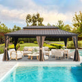 Domi 14' X 22' Hardtop Gazebo, Upgraded Metal Gazebo with Drainage System, Dual-Layer Galvanized Steel Roof, Curtain and Netting, Outdoor Shelter Canopy for Patio, Garden, and Backyard, Brown