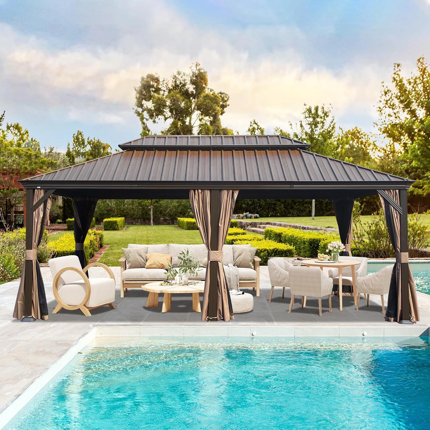 Domi 14' X 22' Hardtop Gazebo, Upgraded Metal Gazebo with Drainage System, Dual-Layer Galvanized Steel Roof, Curtain and Netting, Outdoor Shelter Canopy for Patio, Garden, and Backyard, Brown