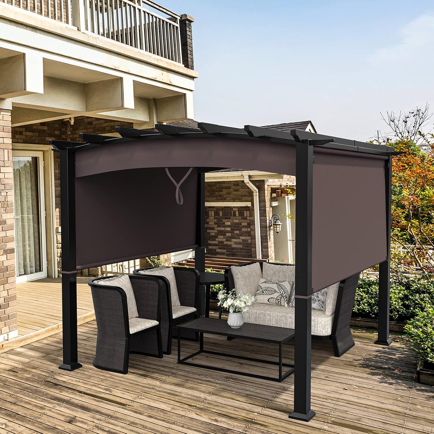 Tangkula 10ft x 10ft Outdoor Retractable Pergola, Patio Metal Pergola with Adjustable Sliding Sun Shade Canopy, Heavy-Duty Steel Frame, Patio Furniture Shelter for Backyard Garden Poolside (Brown)