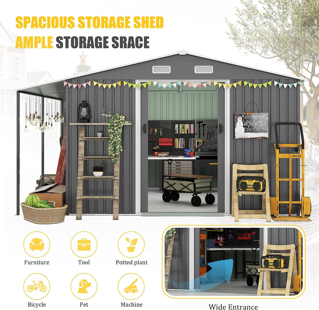 【LuckyNote】 10x12 Ft Outdoor Storage Shed, Extra Large Metal Shed with Lockable Doors, Windows, Outside Steel Tiny House Ideal for Garden, Backyard, Patio Utility, Tool Storage，3 Separate parcels
