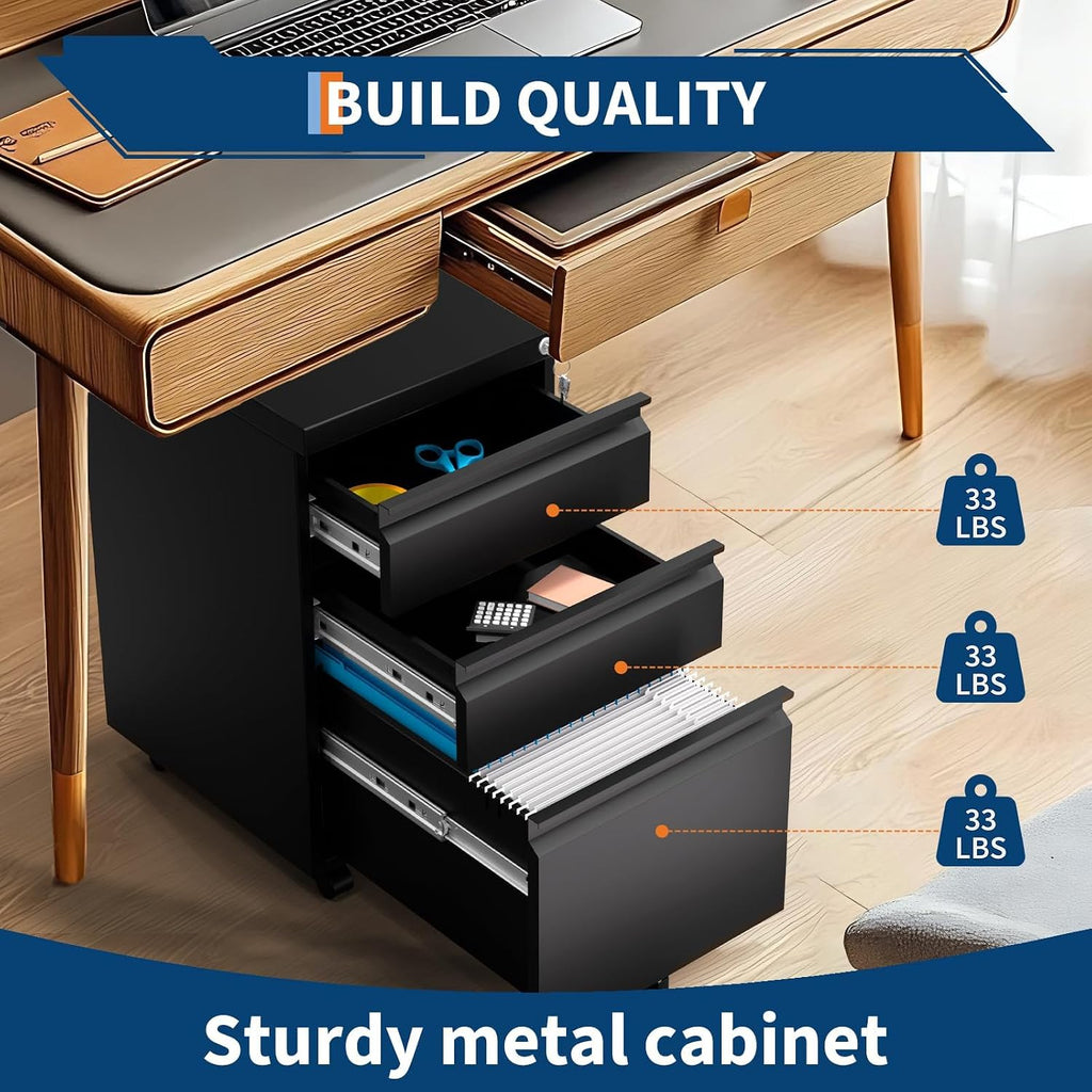 GAOMON 3-Drawer Mobile File Cabinet with Lock, Metal Filing Cabinet on Wheels, Fits Letter/Legal/A4 Files, Space-Saving Under Desk Office Storage Organizer for Home Office, Easy Assembly, Black