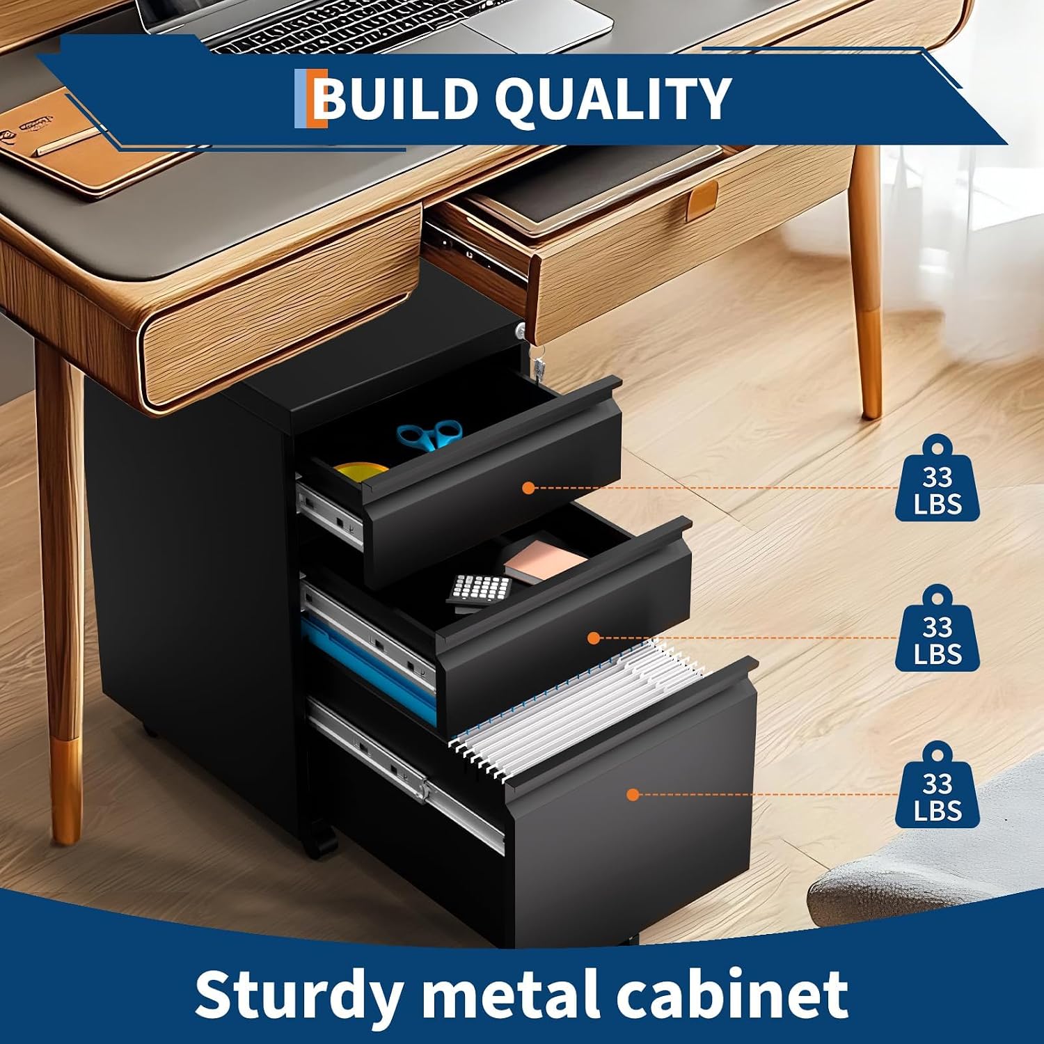 GAOMON 3-Drawer Mobile File Cabinet with Lock, Metal Filing Cabinet on Wheels, Fits Letter/Legal/A4 Files, Space-Saving Under Desk Office Storage Organizer for Home Office, Easy Assembly, Black