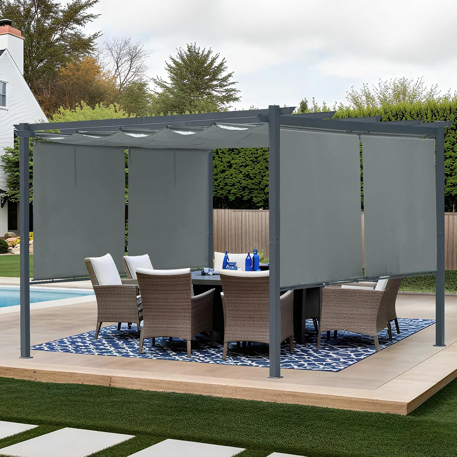 Aoodor 10 x 12 ft Outdoor Pergola with Retractable Shade Canopy, Matte Aluminum Frame, 4 Roller Shade Curtains, Grape Trellis for Patio, Backyard, Garden, and Deck, Grey