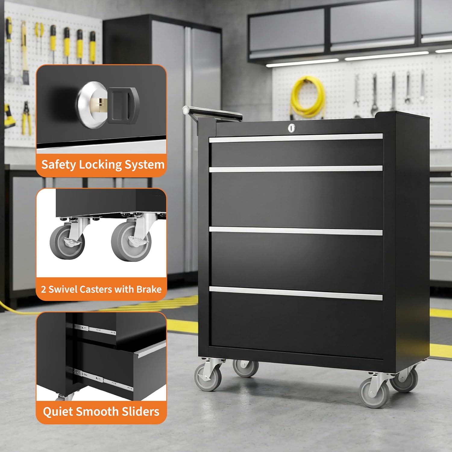 GarveeTech 24' 4-Drawer Tool Chest, Rolling Tool Cabinet with Wheels and Lock System, Portable Storage Rolling Tool Chest for Warehouse, Workshop & Repair Shop, Black