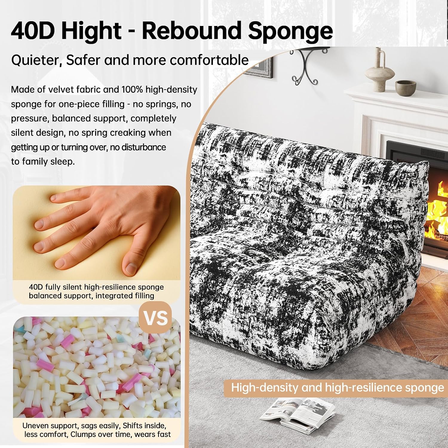 Bean Bag Chairs for Adults, Memory Foam Couch Loveseat Sofa Chair, Soft Teddy Material Cozy Comfy Reading Nook Chairs, Floor Chair for Living Room Bedroom Office(Ink Painting)