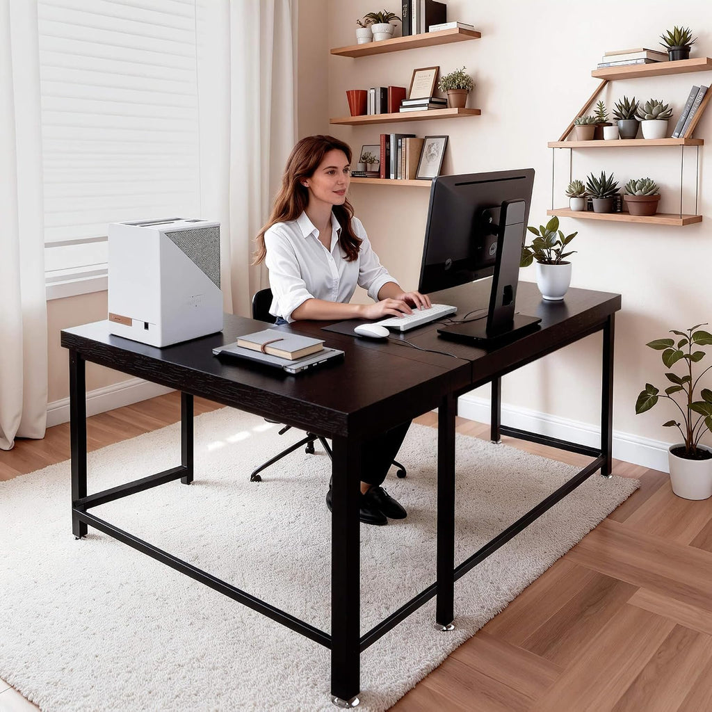 ivinta L Shaped Desk, Modern Corner Home Office Computer Desk with 2' Thicker Desktop for Study Work, Simple Reversible Worksation with Metal Frame for Bedroom Living Room Novas (Black)