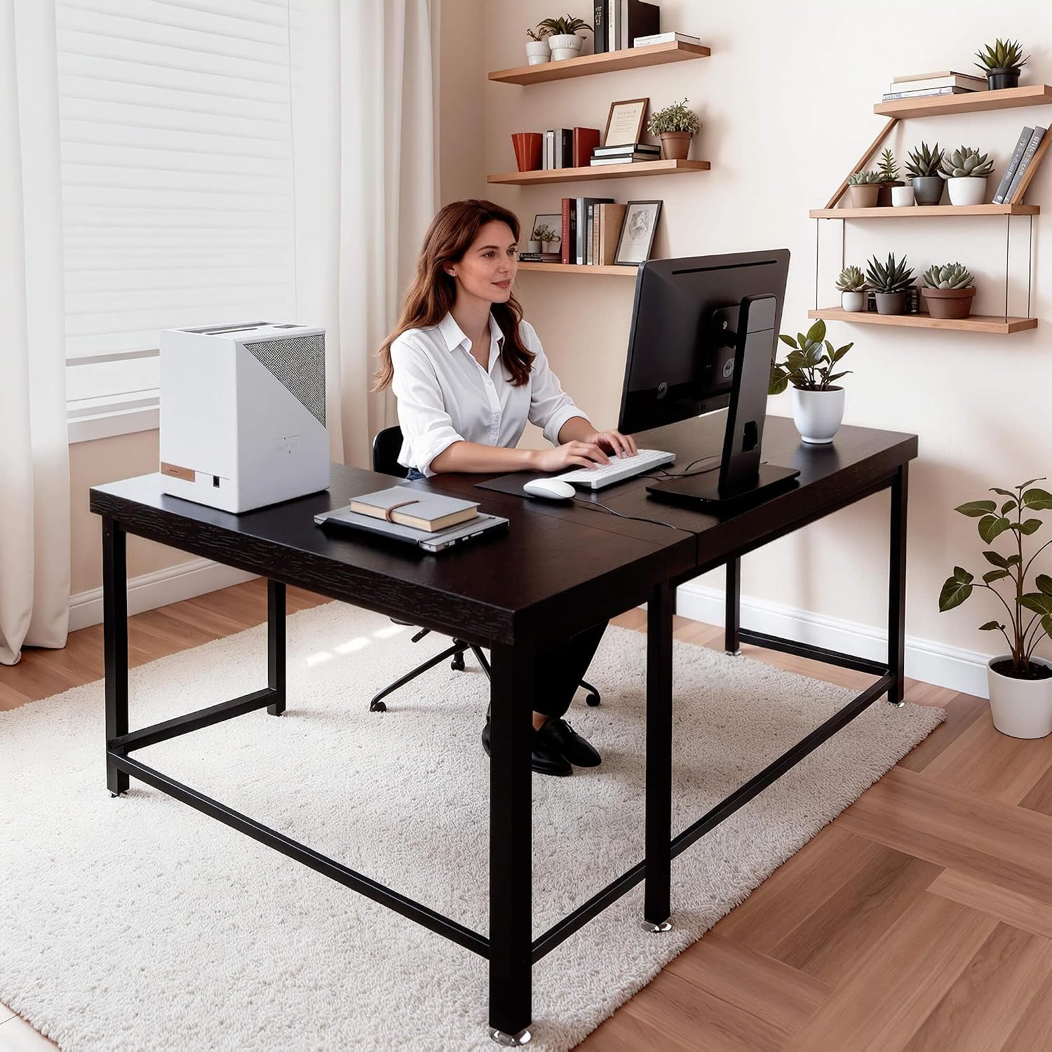 ivinta L Shaped Desk, Modern Corner Home Office Computer Desk with 2' Thicker Desktop for Study Work, Simple Reversible Worksation with Metal Frame for Bedroom Living Room Novas (Black)