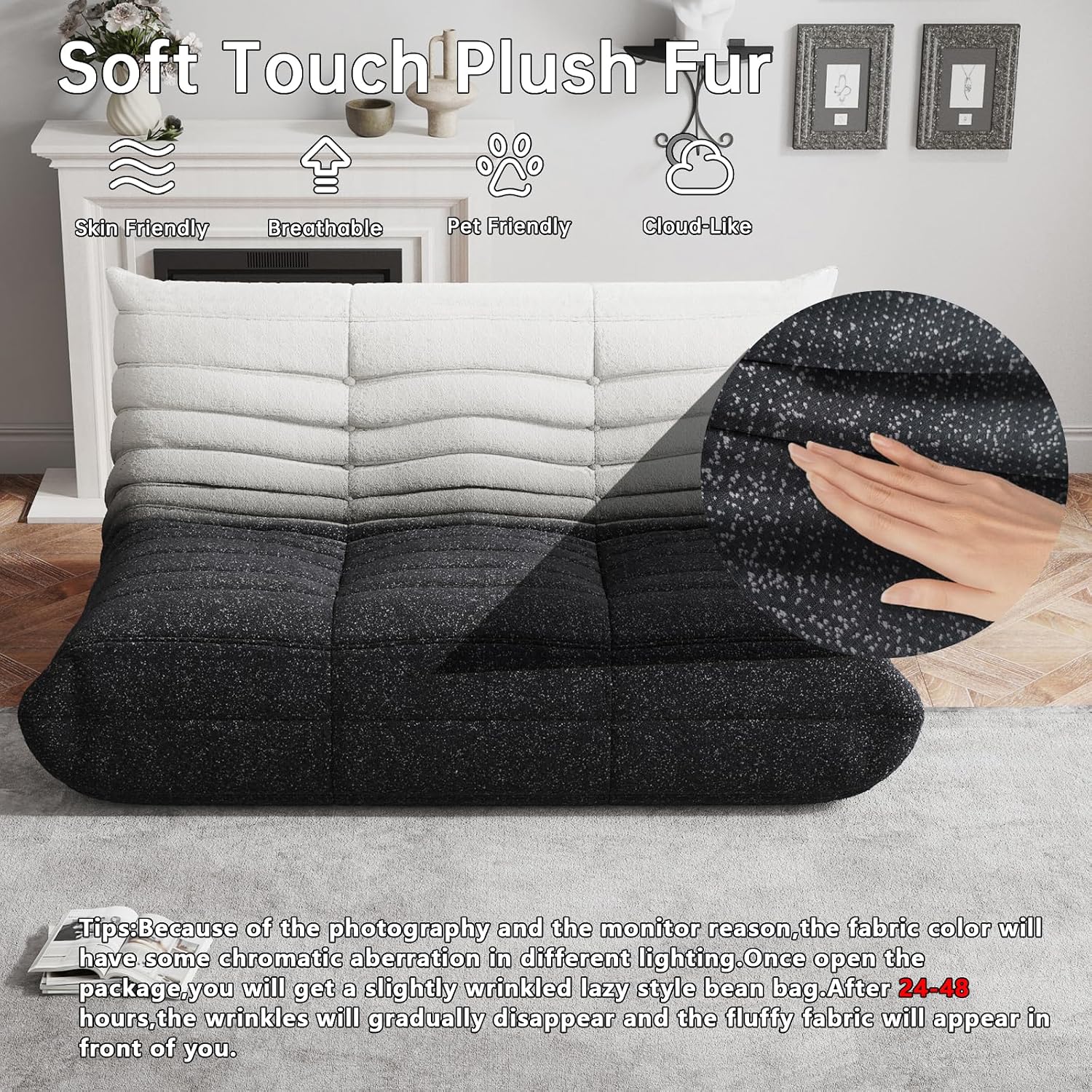 WHGBJA Bean Bag Chairs for Adults, Memory Foam Couch Loveseat Sofa Chair, Soft Teddy Material Cozy Comfy Reading Nook Chairs, Floor Chair for Living Room Bedroom Office(Black-White)