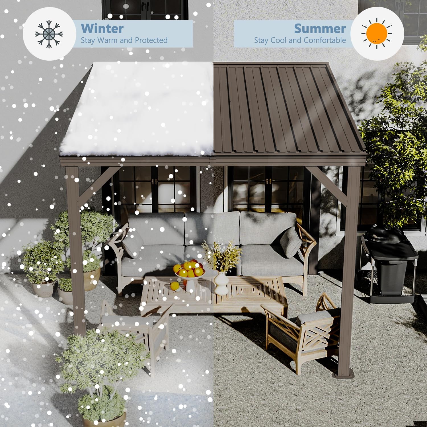 Domi 8' x 8' Wall-Mounted Hardtop Gazebo Pergola – Permanent Lean-to Outdoor Shelter with Sloped Galvanized Steel Roof & Upgraded Drainage – Grey Metal Patio Cover for Backyard, Deck, Garden, Brown