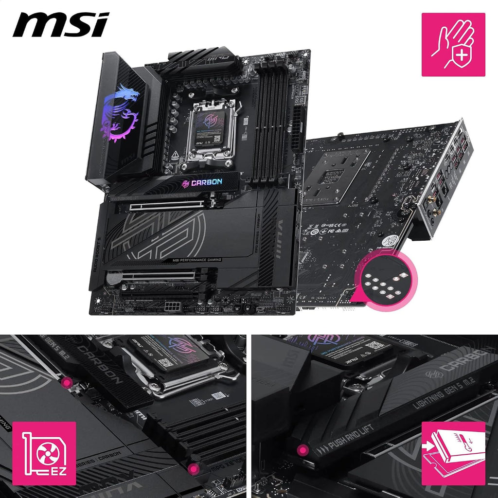 MSI MPG X870E Carbon MAX WiFi Motherboard, ATX - Supports AMD Ryzen 9000/8000 / 7000 Processors, AM5-64MB BIOS ROM, 110A SPS VRM, DDR5 Memory Boost 8400+MT/s (OC), PCIe 5.0 x16, M.2 Gen5
