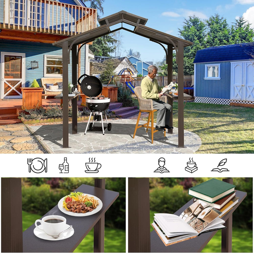 LifeSky 8x5FT Outdoor Grill Gazebo: Galvanized Steel Double Roof BBQ Shelter with Side Shelves & Ceiling Hook - Permanent Hardtop Canopy for Patio Deck Yard Garden