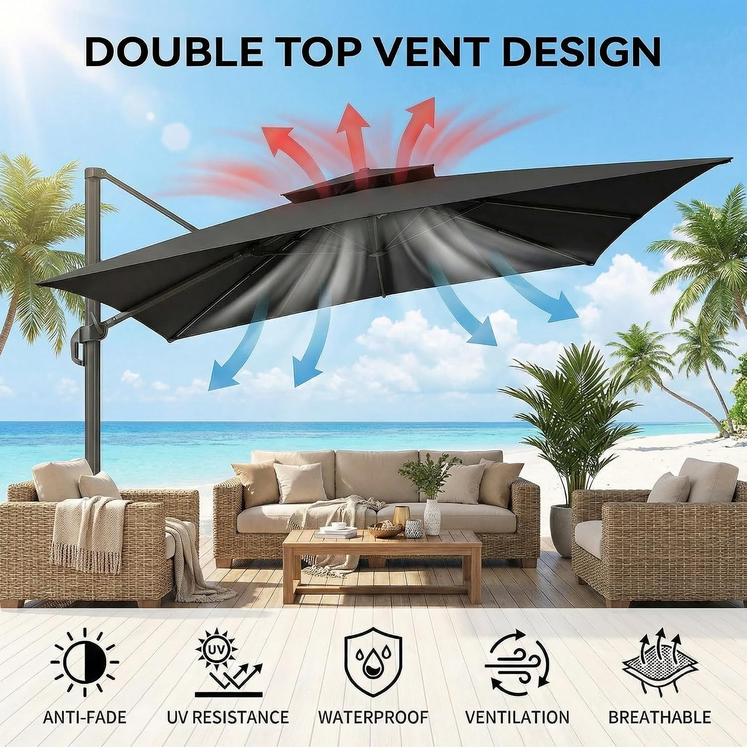 Hoteel 10ft Patio Umbrella Heavy Duty Aluminum Windproof & Shade Provision Outdoor Cantilever Double Top Offset Large Umbrella Height Adjustable with 360°Rotation for Patio Pool Deck Gazebo, Gray
