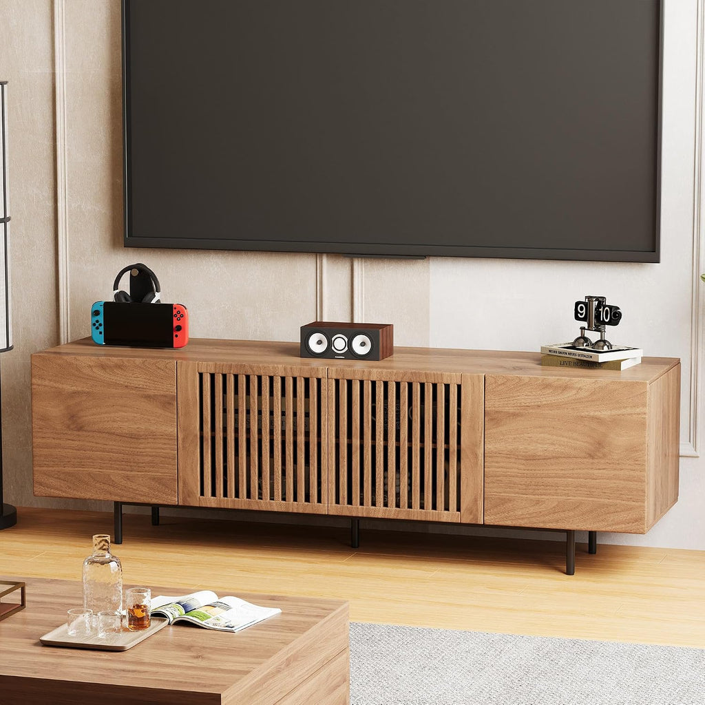 70.87' Mid Century Modern TV Stand, Walnut Media Console for 70 Inch TVs, Entertainment Cabinet with 4 Storage Compartments for Living Room or Bedroom