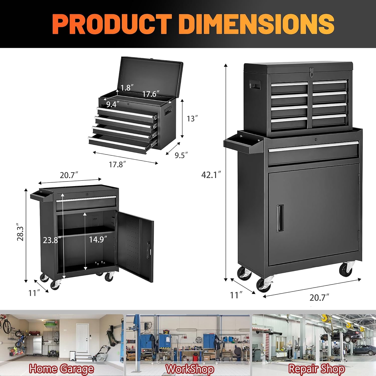 5 Drawer Tool Cart with Wheels & 1 Cabinet, Detachable Portable Top Box, Lockable Rolling Tool Chest Trolley Organizer Set, Multifunctional Tool Box w/Storage Lockers for Garage & Workshop