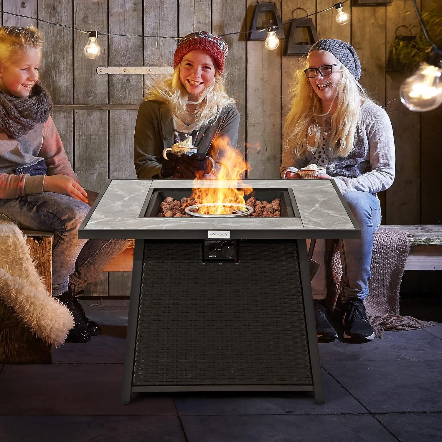 Tangkula 35 Inch Rattan Propane Gas Fire Pit Table, Patiojoy 50,000 BTU Outdoor Wicker Patio Propane Fire Pit w/Lid, Lava Rocks and PVC Cover, Auto-Ignition Square Firepit Table with Marble Tabletop