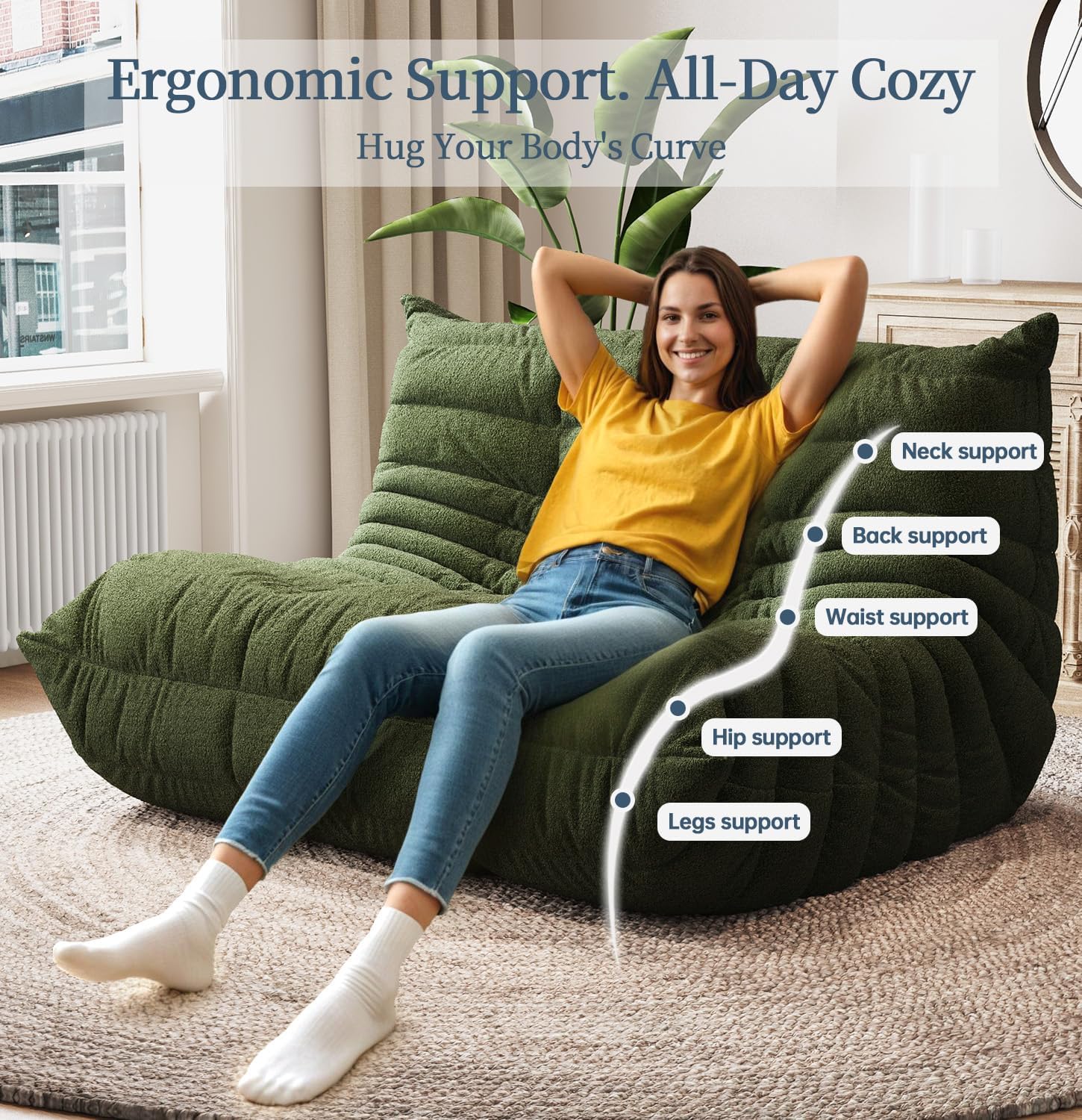 Bean Bag Chairs for Adults, Giant Bean Bag Chair Sofa with Memory Foam, Comfy Beanbag Loveseat Lazy Sofa for Living Room, Bedroom, Apartment, Green