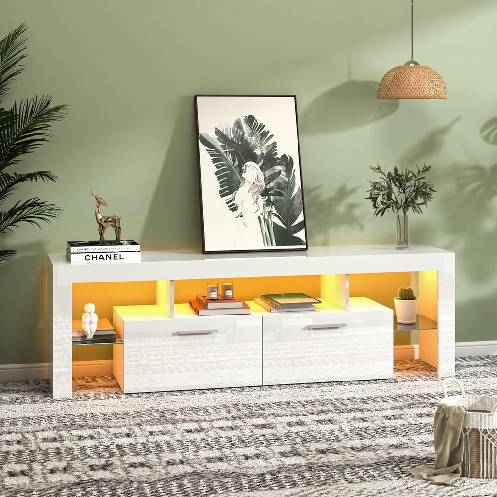 HOUAGI LED TV Stand for 32-65 Inch TV,Modern High Gloss Entertainment Center w/2 Storage Drawers and Color Changing Lights Video Gaming,Movies,Home Decor, White