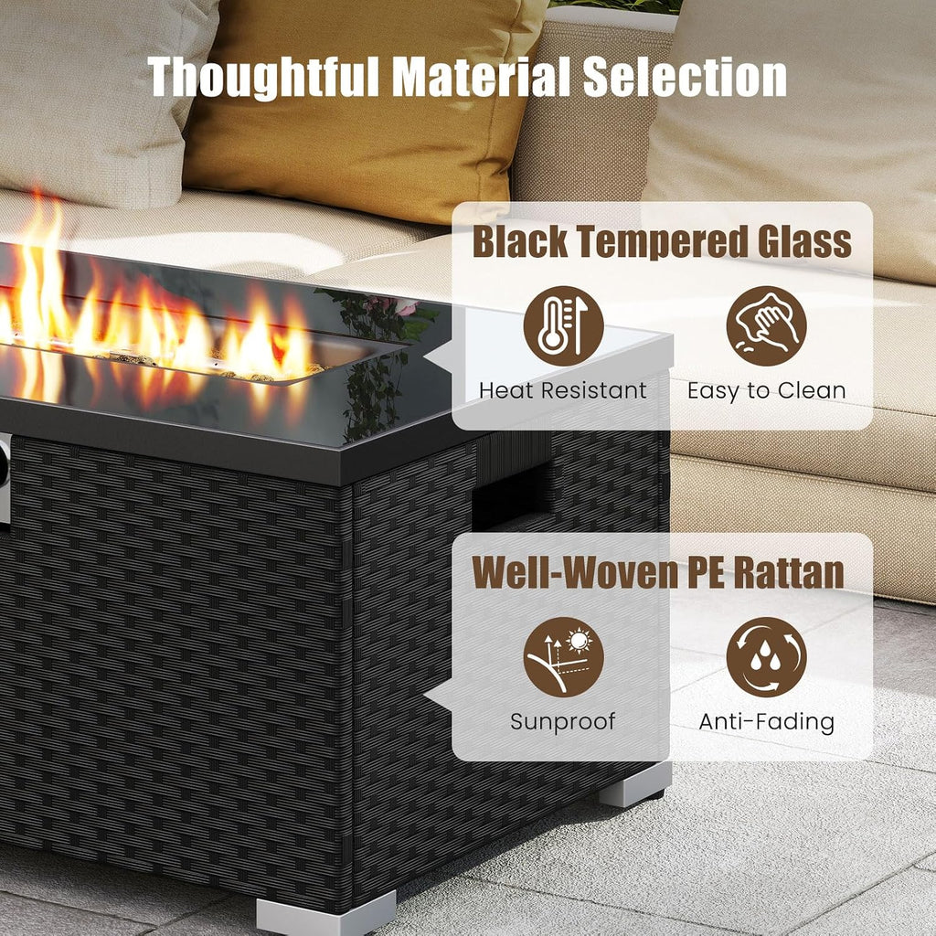 Tangkula 2 Piece Propane Fire Pit Table Set with Tank Cover, Outdoor Rattan Gas Firepit with Lid, Tempered Glass Tabletop, Protective Cover, 40,000 BTU Rectangle Fire Table Set for Outside (Black)