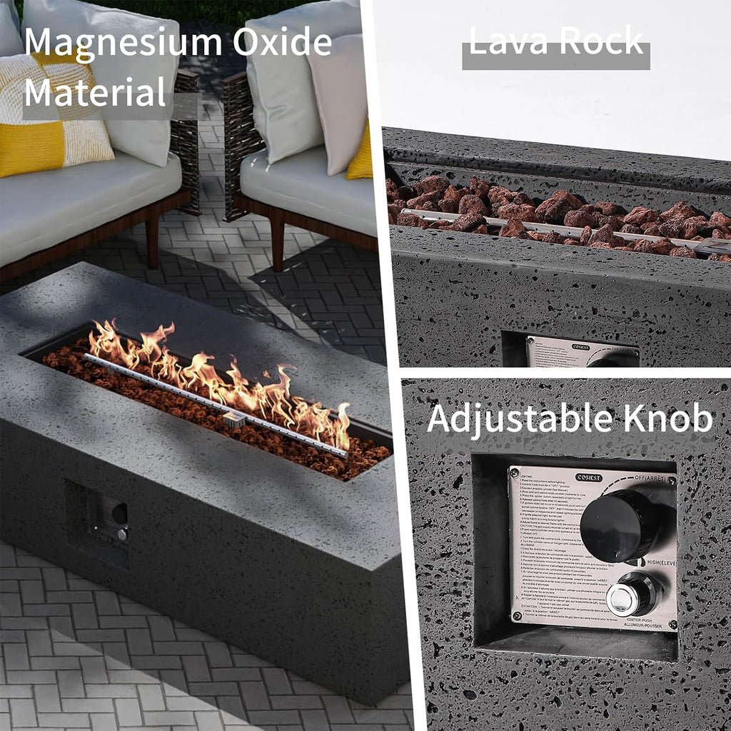 SUNBURY Outdoor Travertine Fire Pit Table, 56 inches Rectangle Propane Gas Patio Fire Pit 50,000 BTU Concrete, Low Firepit Table with Lava Rocks, Waterproof Cover (Grey)