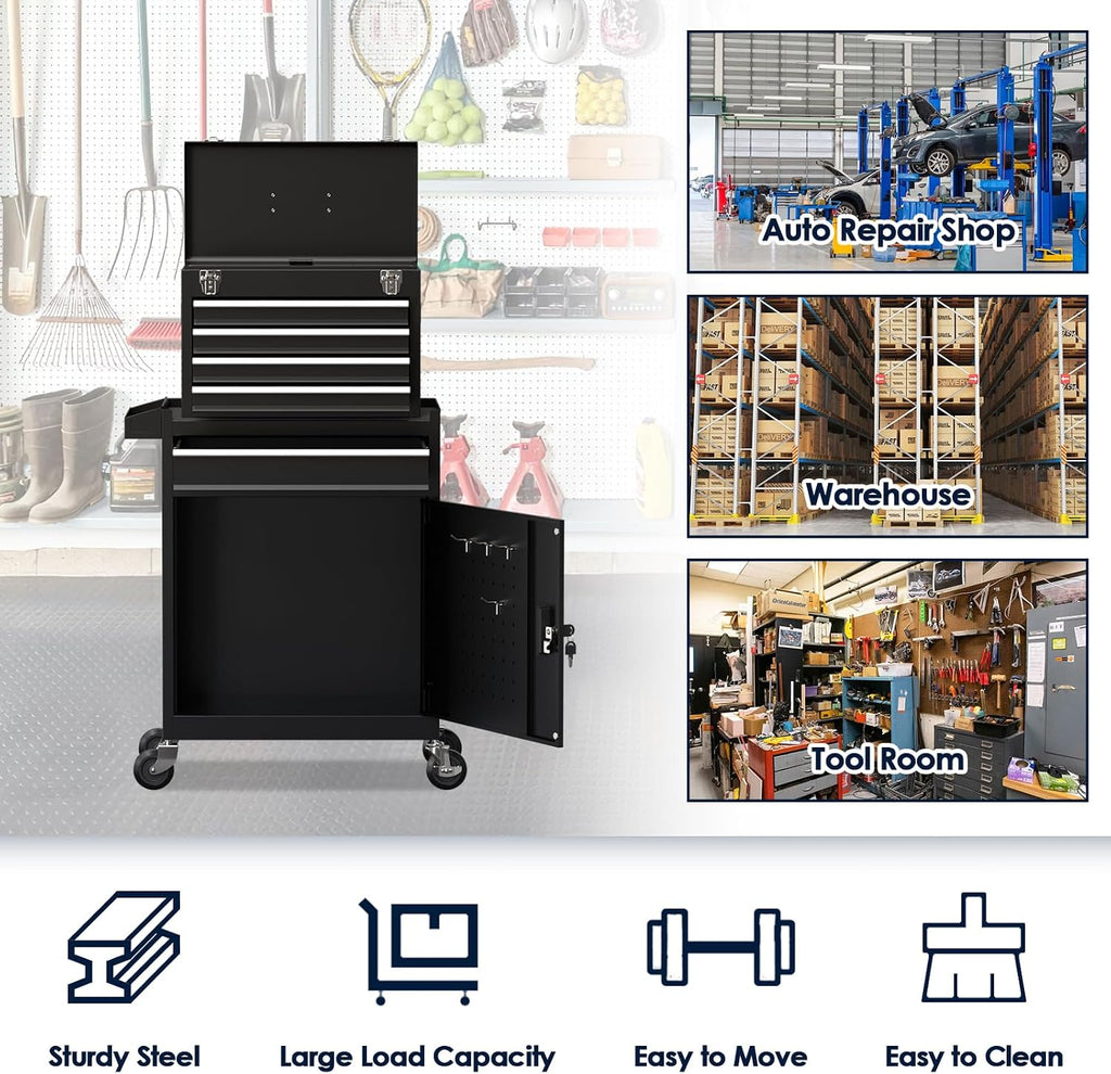 5-Drawer Tool Box with Wheels, Rolling Tool Storage Cabinet with Detachable Top Tool Chest and Locking Mechanism, Metal Tool Cart for Garage Workshop and Room Use (Black)