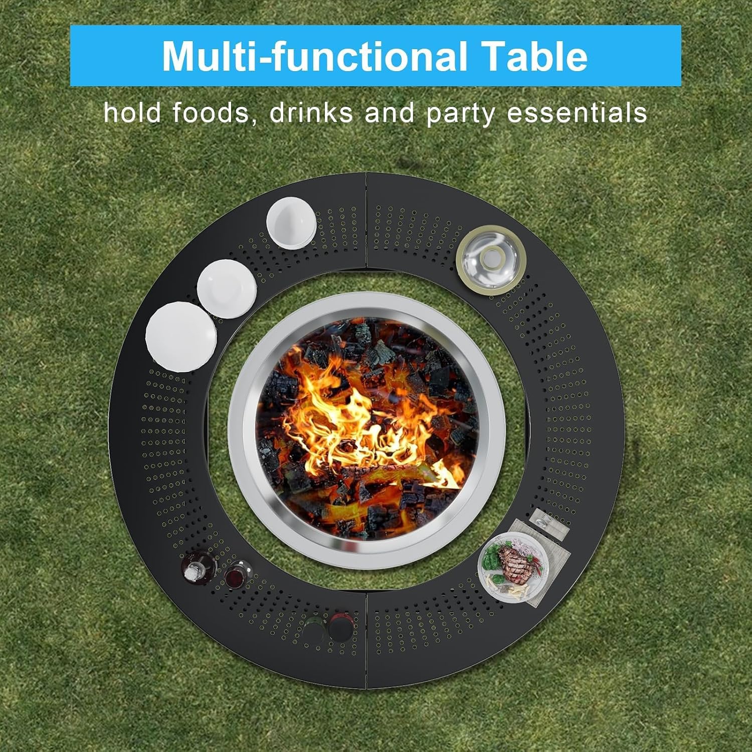 LS'BABQ 45' Fire Pit Surround Tabletop with Waterproof Cover for Solo Stove Yukon & Bonfire, Round Outdoor Fire Pit Table for Most Wood-Burning Stoves Under 28.5' Dia for Camping, Powder-Coated Steel