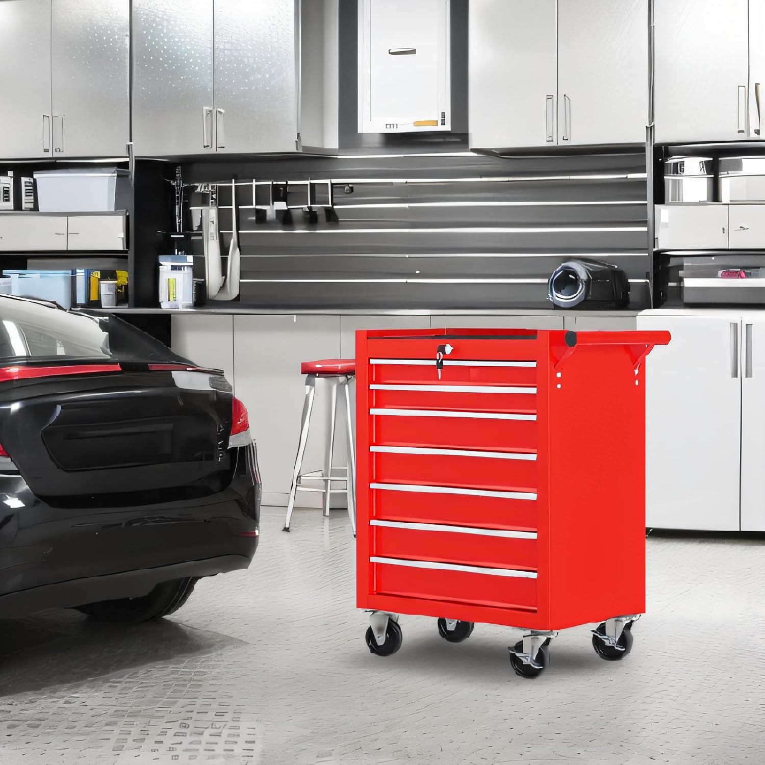 7 Drawers Tool Cart on Wheels, Multifunctional Rolling Storage Tool Chest,Drawers Rolling Tool Trolley Organizer Case for Garage,Warehouse,Workshop,Repair Shop (7 Drawers - Red)