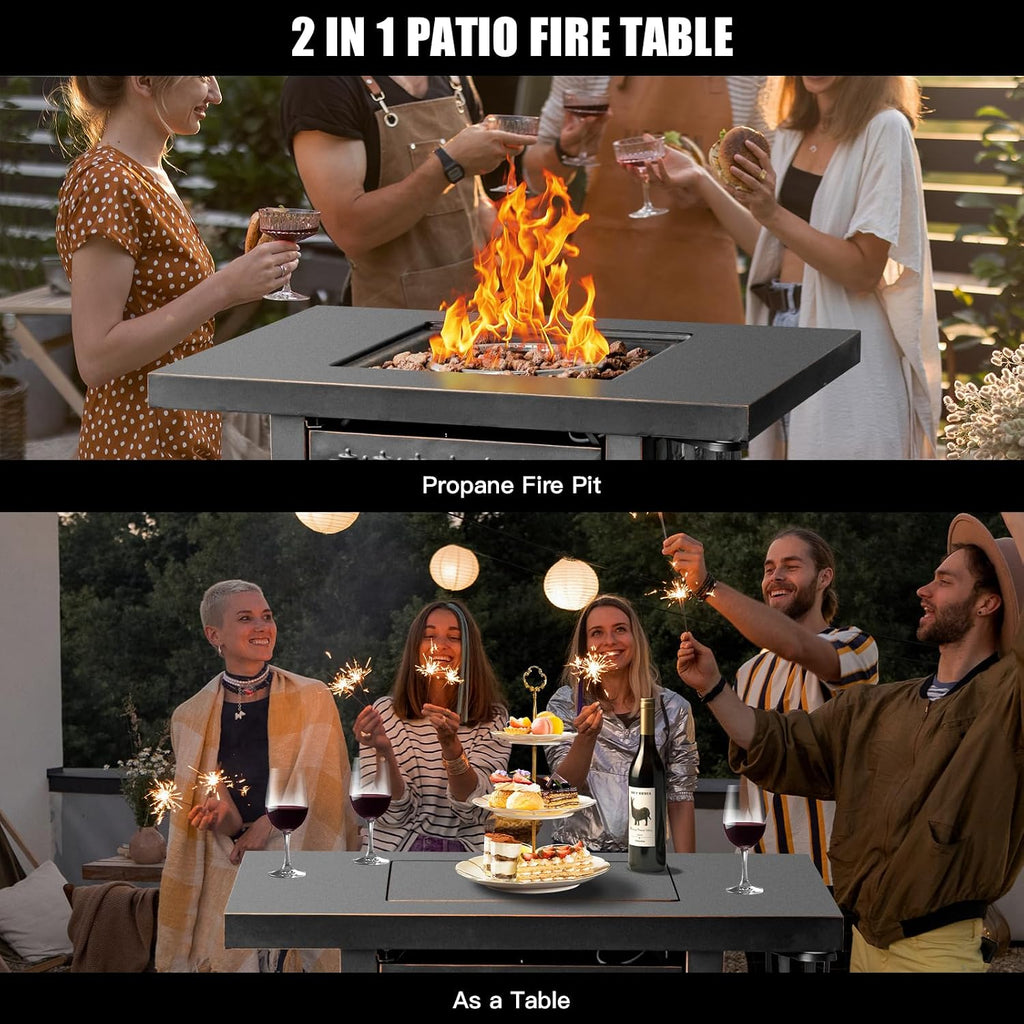 OutVue 32 Inch Propane Fire Pit Table, Outdoor Gas Fire Pits with 2 Drink Holders, Lid & Lava Rock, 50000 BTU Firepit Table for Dinning, Party in Outside, Patio, Garden or Yard