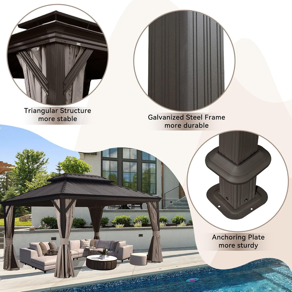 12' x 16' Outdoor Hardtop Gazebo with Gutters, Double Roof Galvanized Metal Gazebo for Backyard, Patio, Deck, Hot Tub, Heavy Duty Canopy Permanent Pavilion with Curtains and Netting, Brown