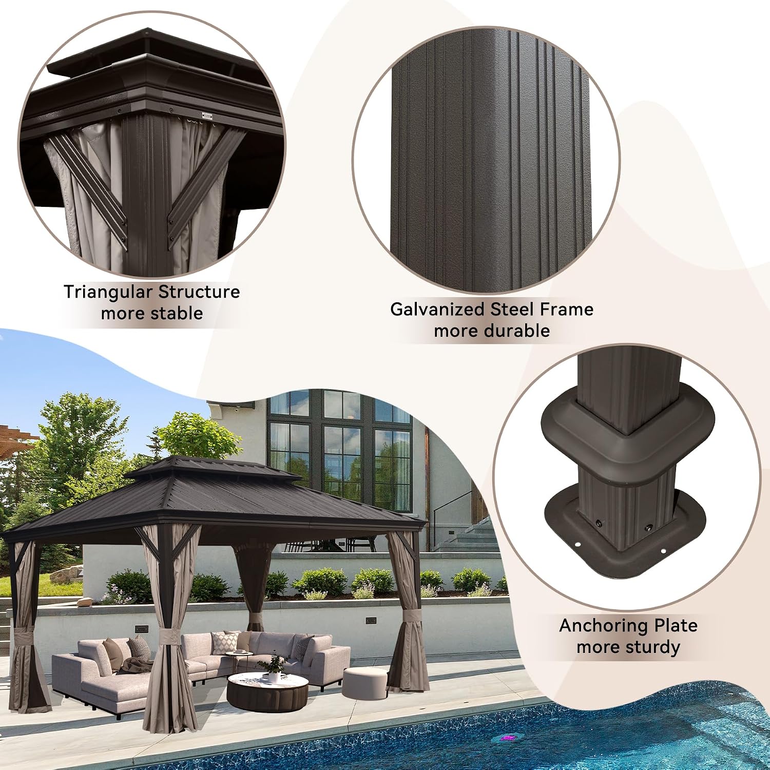 12' x 16' Outdoor Hardtop Gazebo with Gutters, Double Roof Galvanized Metal Gazebo for Backyard, Patio, Deck, Hot Tub, Heavy Duty Canopy Permanent Pavilion with Curtains and Netting, Brown