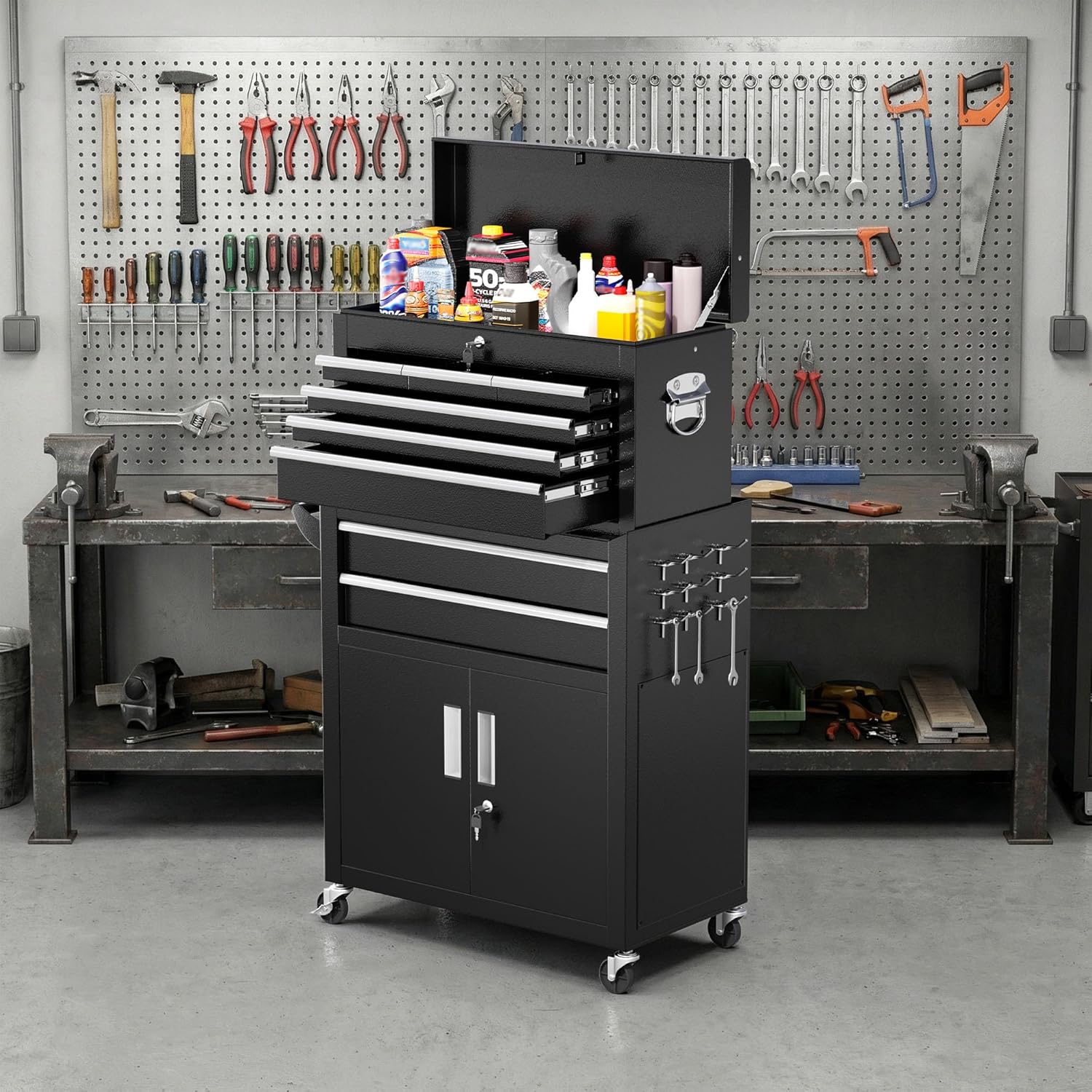 Greenvelly Metal Tool Chest,8-Drawer Rolling Tool Cart with Wheels,2 in 1 Detachable Tool Cabinets,Tool Box,Liners and Locking System for Garage,Warehouse,Workshop, Barbershop(Black)