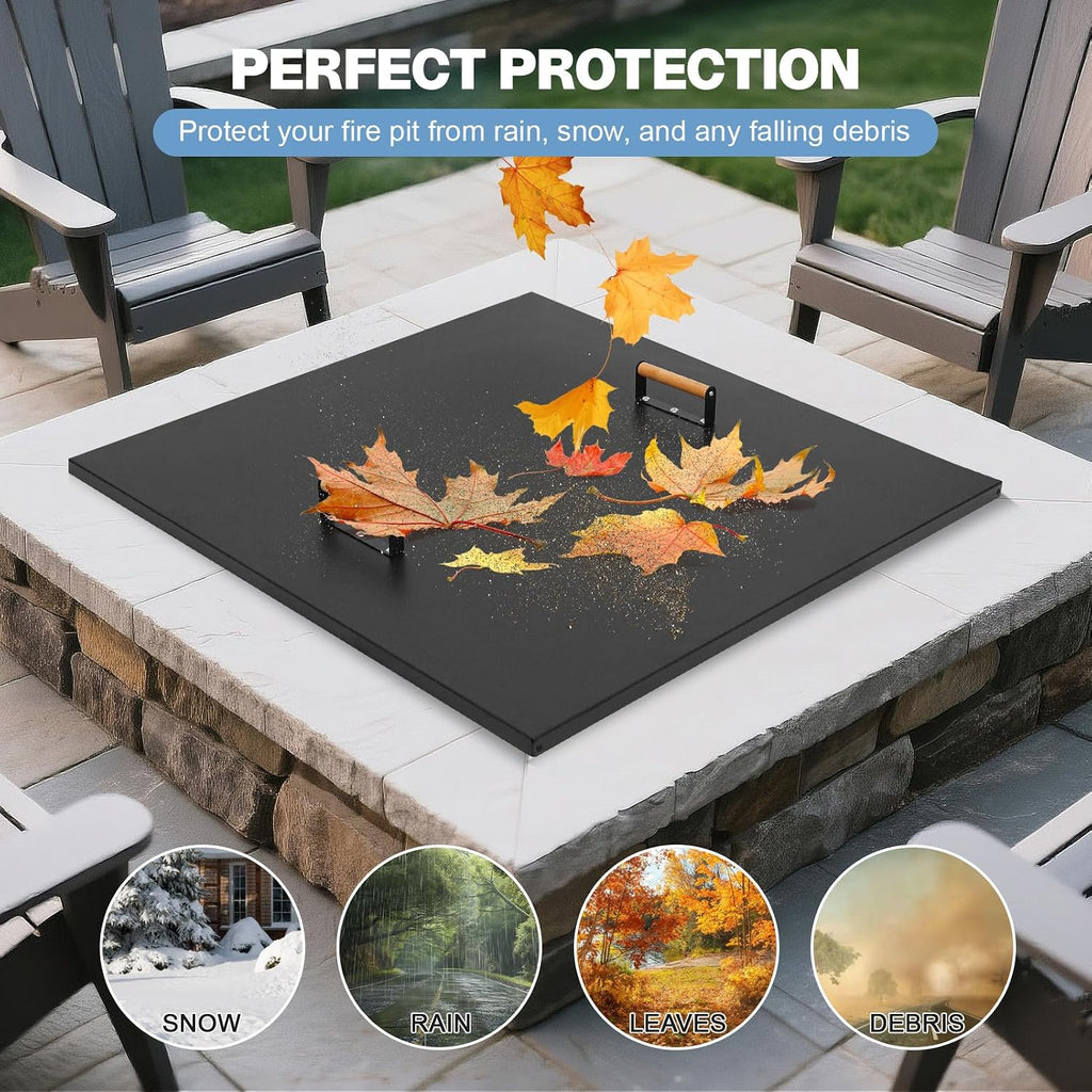 Fire Pit Lid Square 38', Heat Resistant Metal Firepit Cover with 2 Wooden Handles for Square Patio Fire Pit, Compatible for Firepits Inside Dia Up to 34'