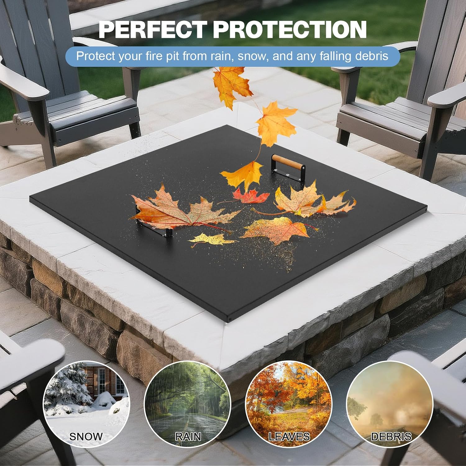 Fire Pit Lid Square 38', Heat Resistant Metal Firepit Cover with 2 Wooden Handles for Square Patio Fire Pit, Compatible for Firepits Inside Dia Up to 34'
