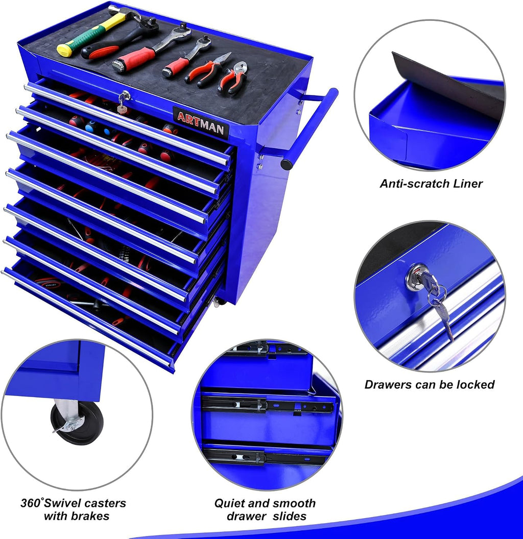 7 Drawers Rolling Tool Cart on Wheels, Multifunctional Organizer Tool Chest Tool Case, Trolley Tool Storage Tool Box for Workshop,Garage,Repair Shop (7 Drawers 24.2' W×12.9' D×29.9' H-Blue)