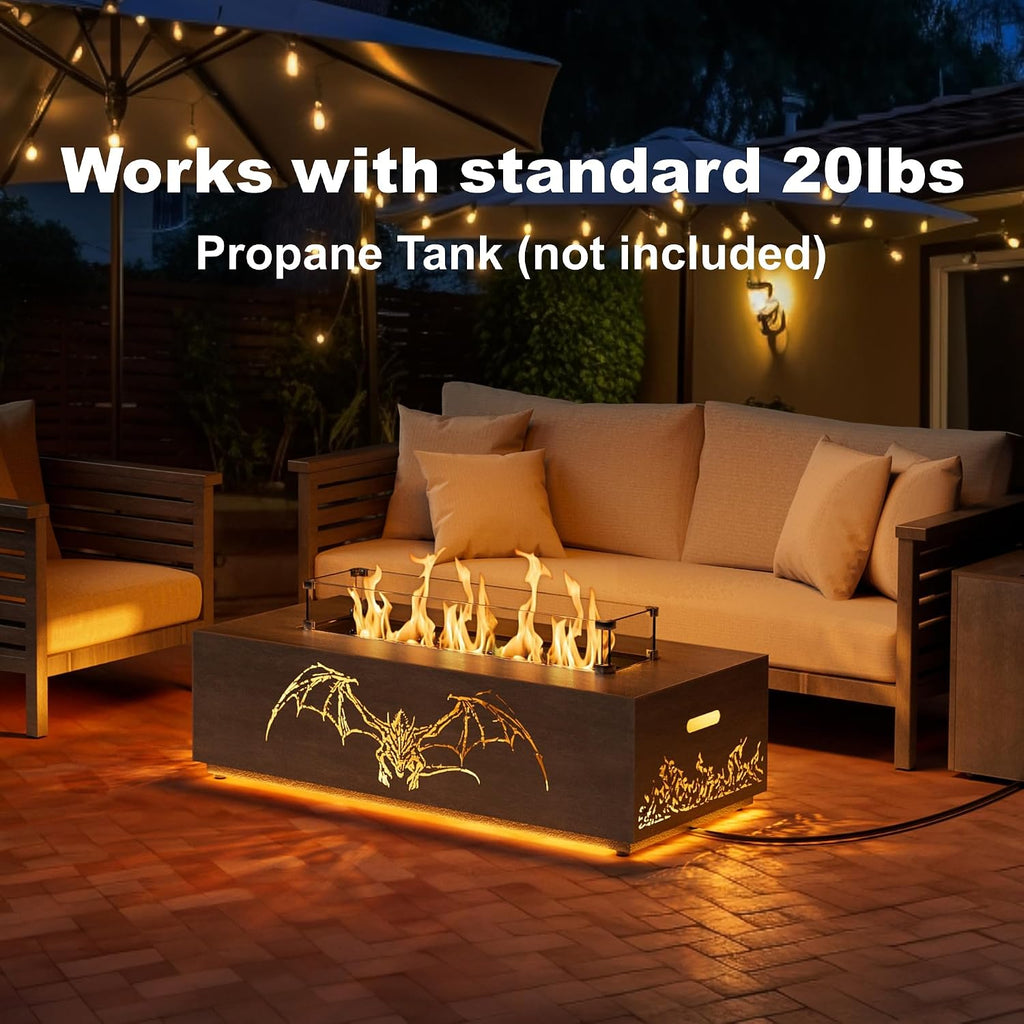 SUNPEAK 42' Propane Fire Pit table with LED Light - 50,000 BTU with Wind Guard, Lid, Rocks and Cover - Gas Fire Pits for Outside Patio - Fire Pit Tables for Outside Patio (Grey/Dragon Cutout, 42' LED)