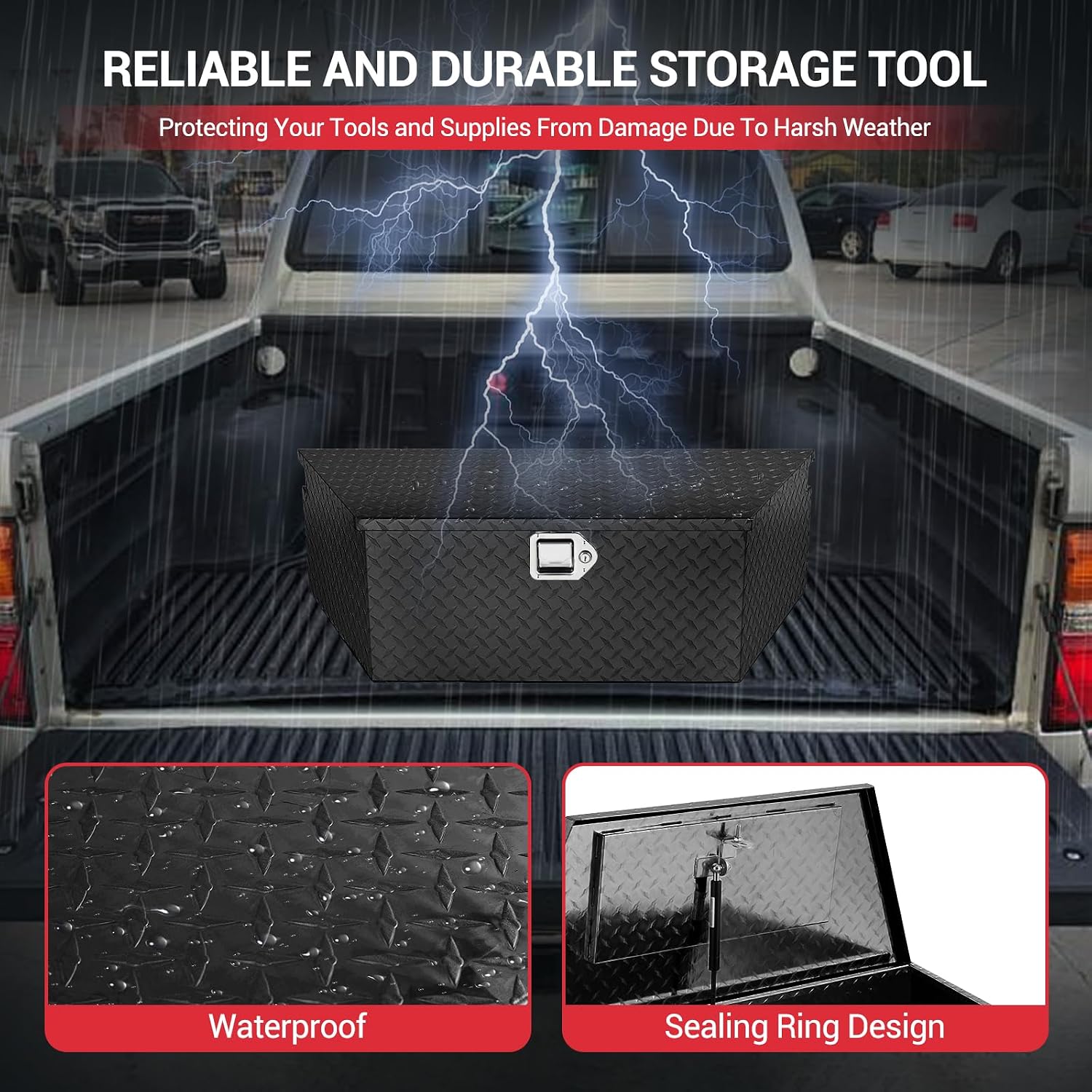 GarveeTech 33 in Trailer Tongue Boxes,Heavy Duty Aluminum Trailer Tool Box With Lock and Keys,Diamond Plate Storage Box,Waterproof Trailer Box for Pick Up Truck Bed,RV Trailer,Black