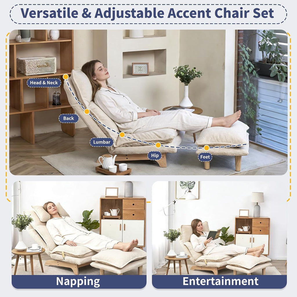 Beige Lazy Floor Lounger with Ottoman, Adjustable Floor Chair Bean Bag Style Tatami Sofa with Thick Cushions and Back Support, Comfy Lounge Seating for Adults, Gaming & Bedroom Relaxation