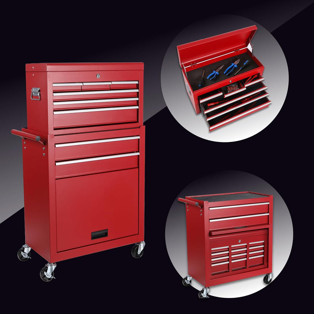 Tool Chest, 8-Drawer Rolling Tool Storage Cabinet with 2 in 1 Detachable Top Tool Box, Liner, Lockable Wheels, Side Hooks, Locking Mechanism, Metal Tool Cart for Garage