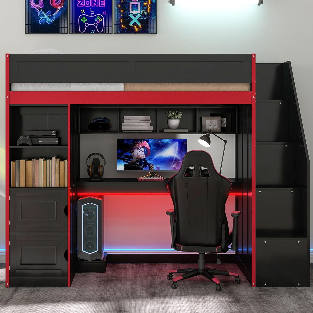 SOFTSEA Full Size Gaming Loft Bed with Desk, Storage Stairs, LED Lights, Bookshelves & Wardrobe, Multifunctional Loft Bed, No Box Spring Needed, Black Red