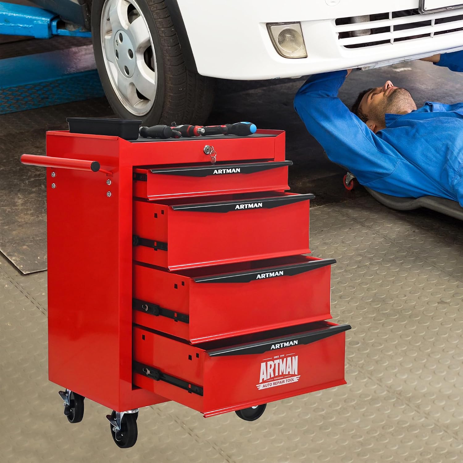 4 Drawers Rolling Tool Box on Wheels, Multifunctional Tool Chest Cabinet with Lock, Drawers Rolling Tool Cart Trolley Organizer Tool Storage Case for Warehouse,Garage,Workshop (Red)
